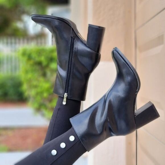 Black High Chunky Heeled Boots Zip Up Square Toe Ankle Booties - Picture 4 of 6